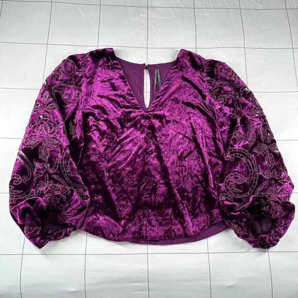 Anthropologie Top Womens Large Petite Purple Plum Velvet Cutout V Neck Bohemian - Picture 3 of 10